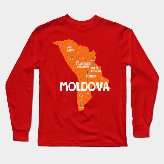 Moldova Illustrated Map Long Sleeve T-Shirt by JunkyDotCom